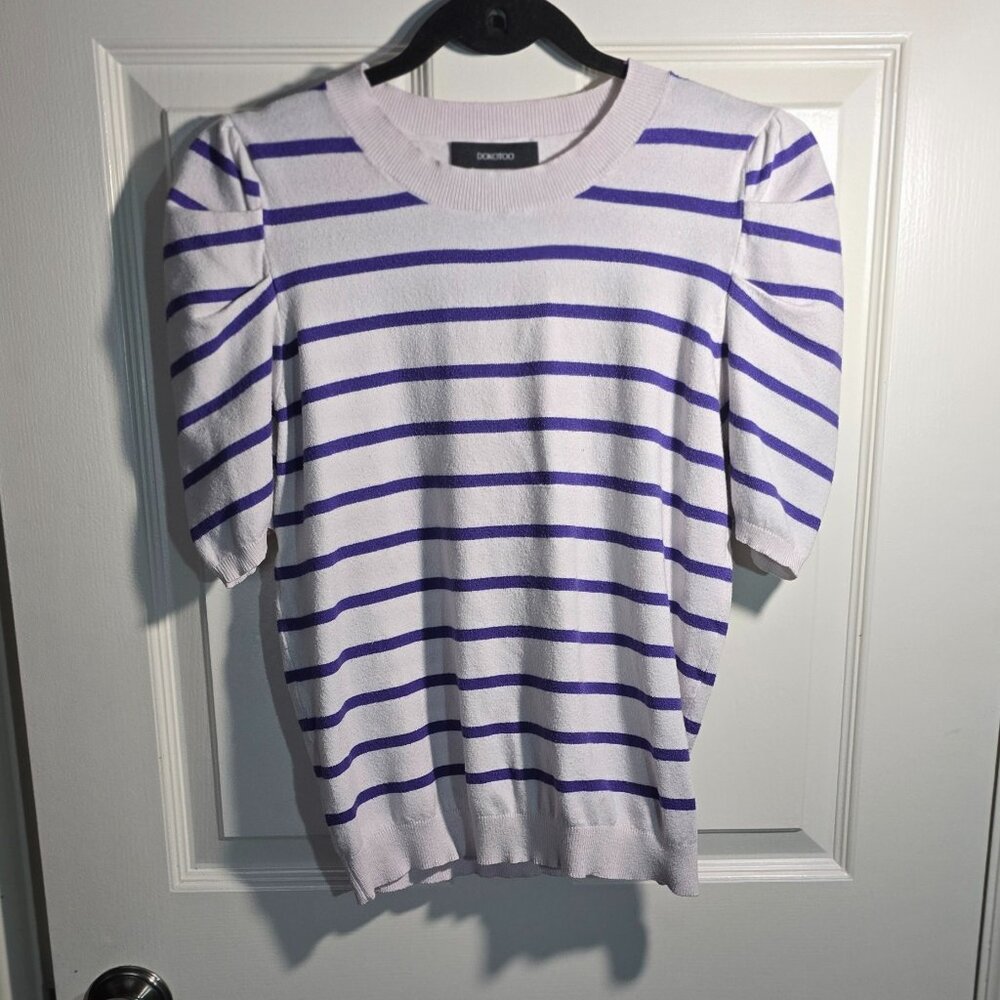 Women's Puffy Shoulder, Short Sleeve, Stripped, Spring Pullover Sweater, L